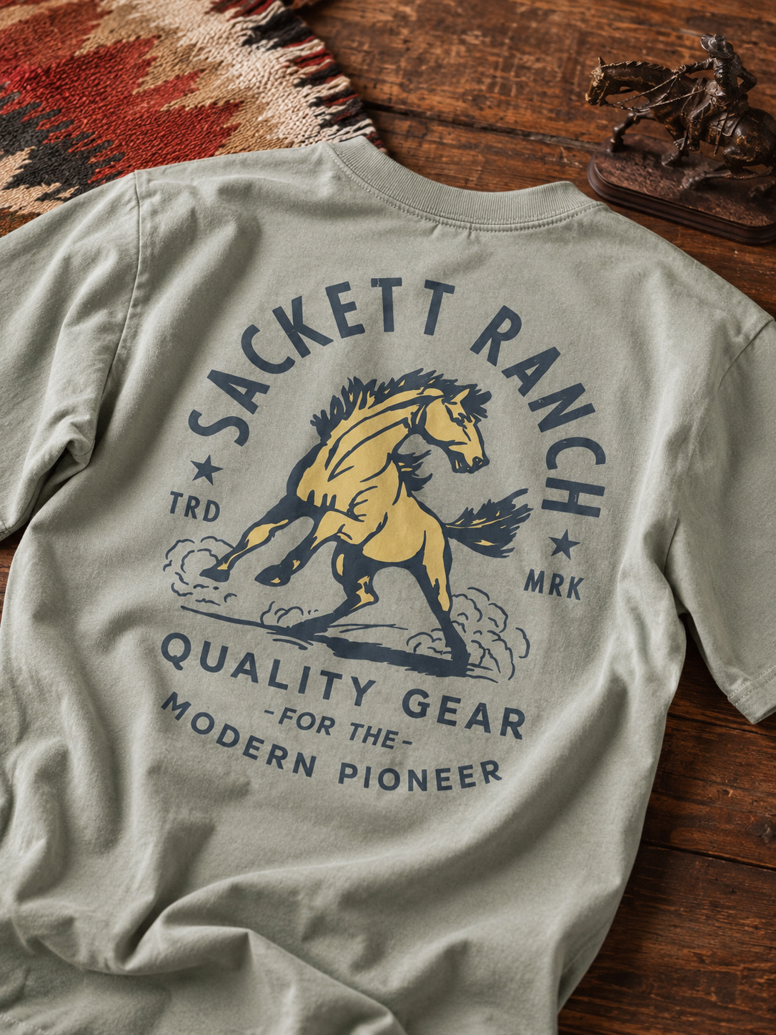 Bronco Tee in Vintage Black – Sackett Ranch 100% US-grown cotton tee, made in USA