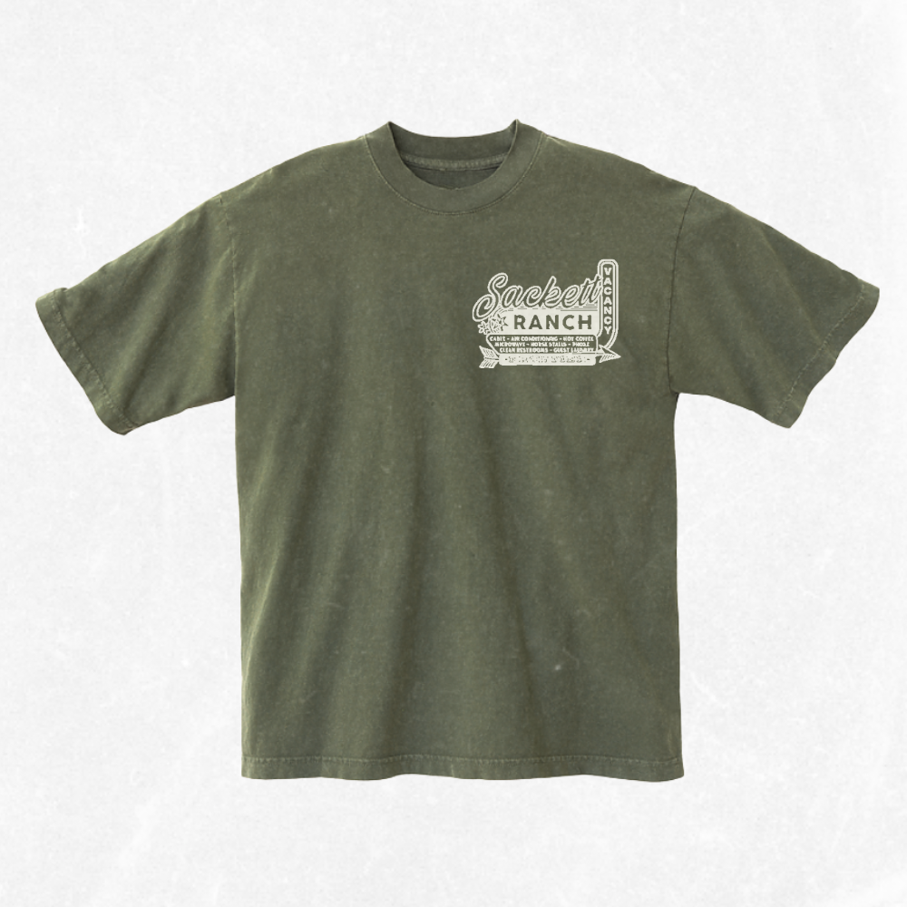 Green t-shirt with 'Sackett Ranch' logo on a white background