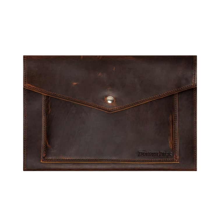 Brown leather envelope with visible brand name on a white background