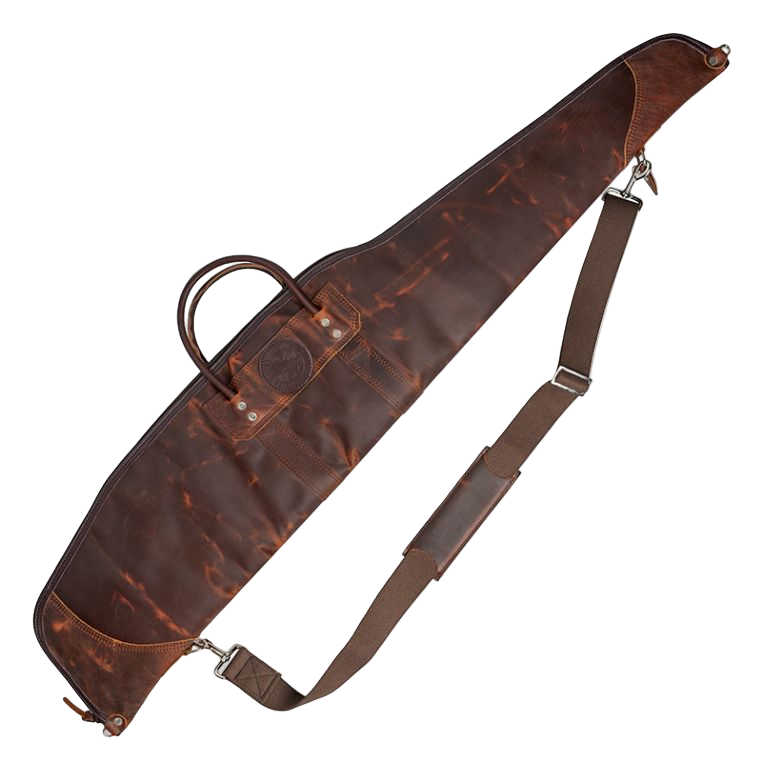 Brown leather gun case with a strap on a white background