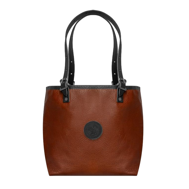 Brown leather tote bag with black straps on a white background