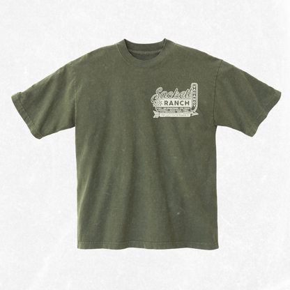 Green t-shirt with 'Sackett Ranch' logo on a white background