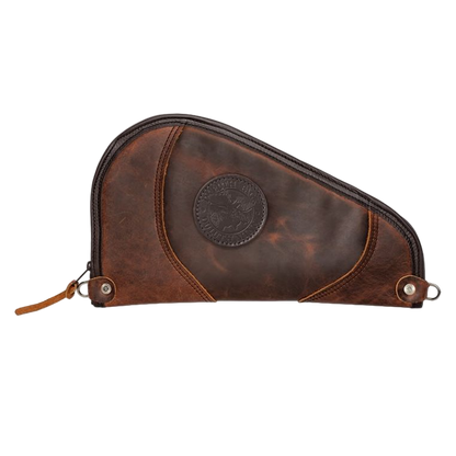 Brown leather pouch with a brand logo on a white background