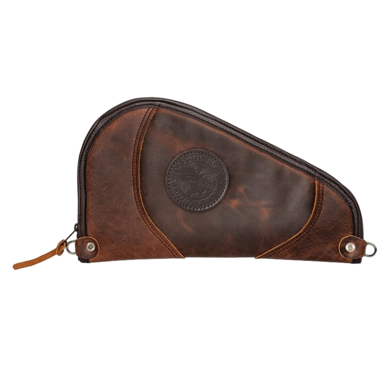 Brown leather pouch with a brand logo on a white background