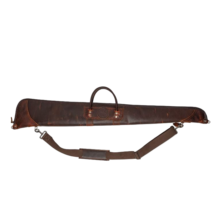 Brown leather gun case with shoulder strap on a white background
