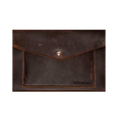 Brown leather envelope with visible brand name on a white background