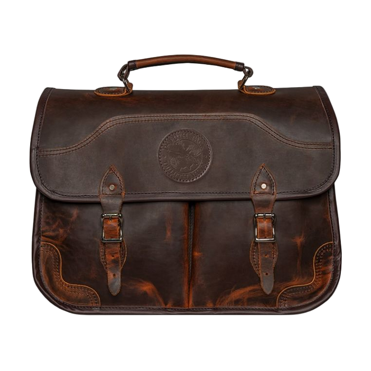 Brown leather satchel bag with visible branding on a white background