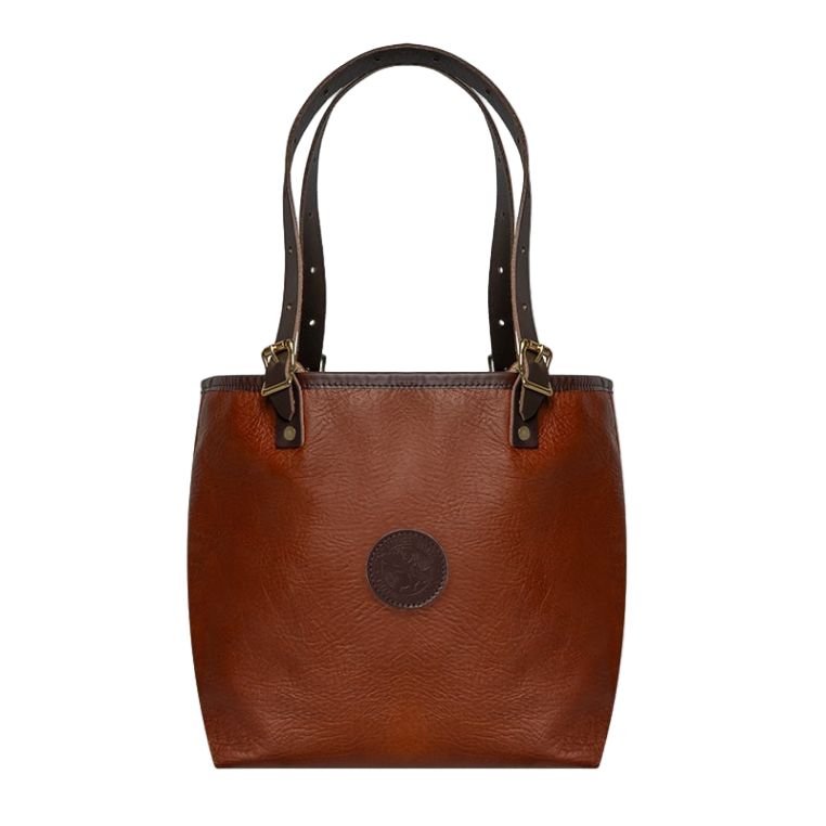 Brown leather tote bag with gold accents on a white background